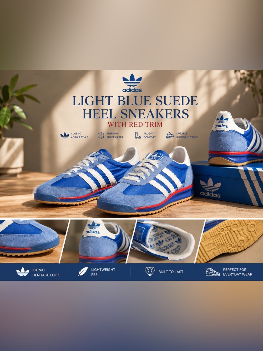 adidas Light Blue Suede Heel Sneakers with Red Trim